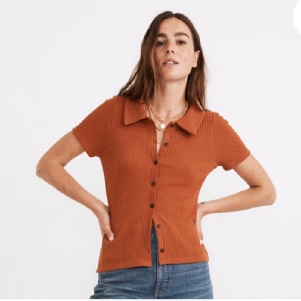 Madewell Orange Ribbed Short Sleeve Button Down Shirt Collared Size M